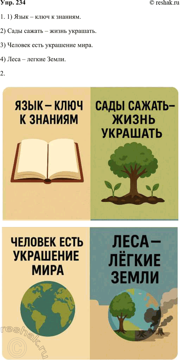 Решение задачи: 234. Спишите, вставляя пропущенные знаки препинания. 1) Язык ключ к знаниям. 2) Сады сажать жизнь украшать. 3) Человек есть украшение мира.