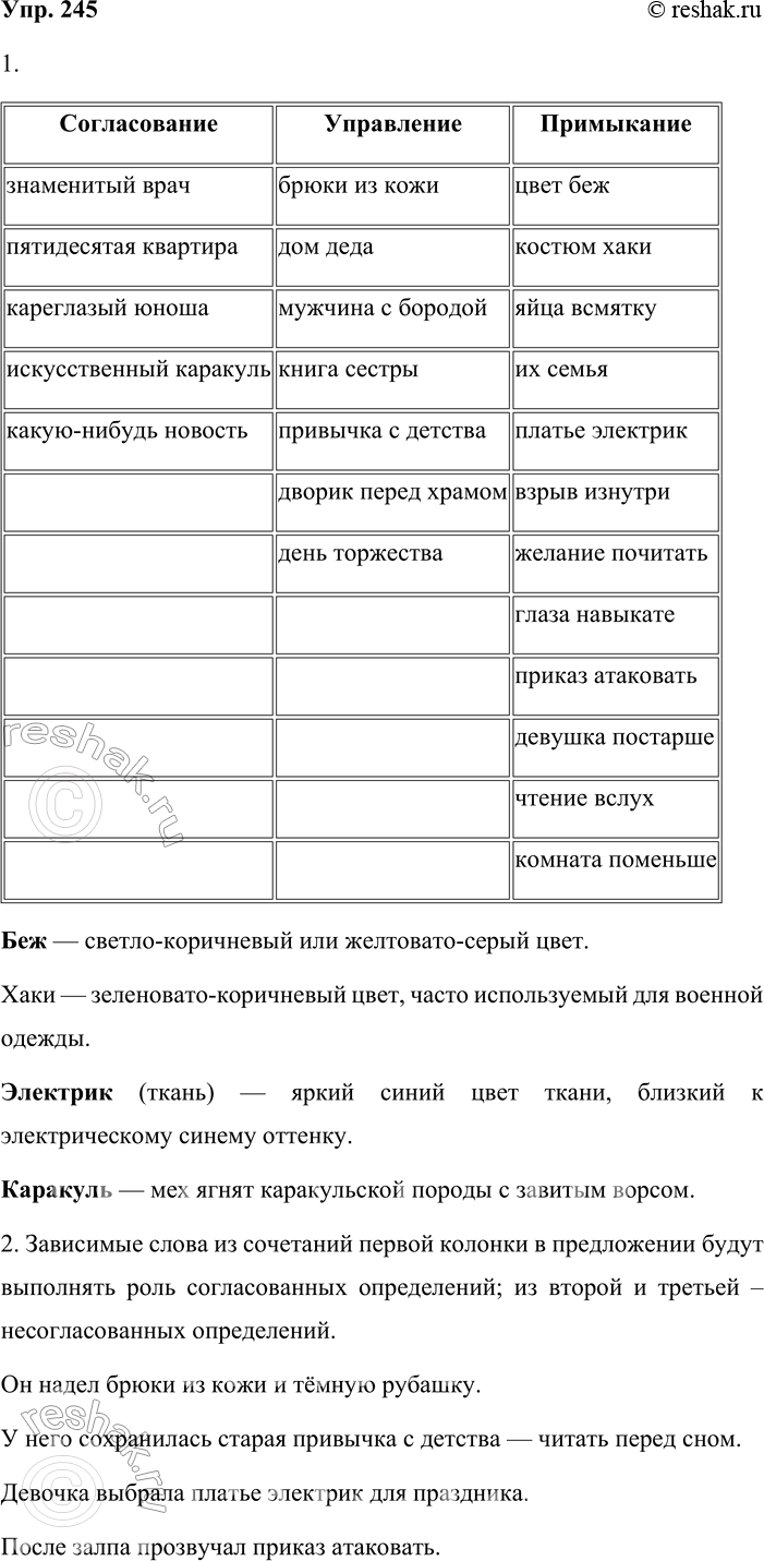 Решение задачи: 245. 1. Спишите словосочетания, распределяя их по графам таблицы. По толковому словарику уточните лексическое значение выделенных слов. Согласование Управление Примыкание липовый цвет цвет сирени мальчик постарше Знаменитый врач, брюки из кожи, пятидесятая квартира, цвет беж, дом деда, кареглазый юноша, костюм хаки, мужчина с бородой, книга сестры, яйца всмятку, их семья, платье электрик, взрыв изнутри, привычка с детства, желание почитать, искусственный каракуль, глаза навыкате, приказ атаковать, какую-нибудь новость, дворик перед храмом, девушка постарше, чтение вслух, день торжества, комната поменьше.