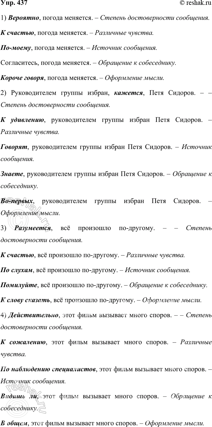 Решение задачи: 437. Включите в каждое из данных предложений вводные слова разных групп. Запишите эти предложения. Объясните смысловые различия вариантов. В какой речевой ситуации уместно их употребление?