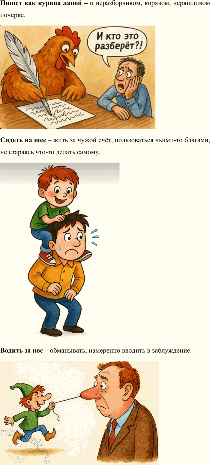 Решение задачи: 23. 1. Кто быстрее? Какие фразеологические обороты обыгрываются в рисунках? Запишите эти фразеологизмы, а затем употребите каждый из них в составе предложения.