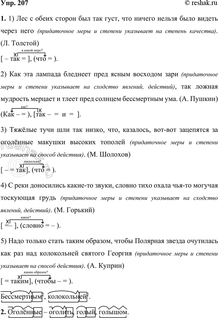 Решение задачи: 207 1. Спишите предложения, расставляя знаки препинания. Постройте их схему. Определите, какие придаточные предложения образа действия, меры и степени указывают: а) на способ действия;