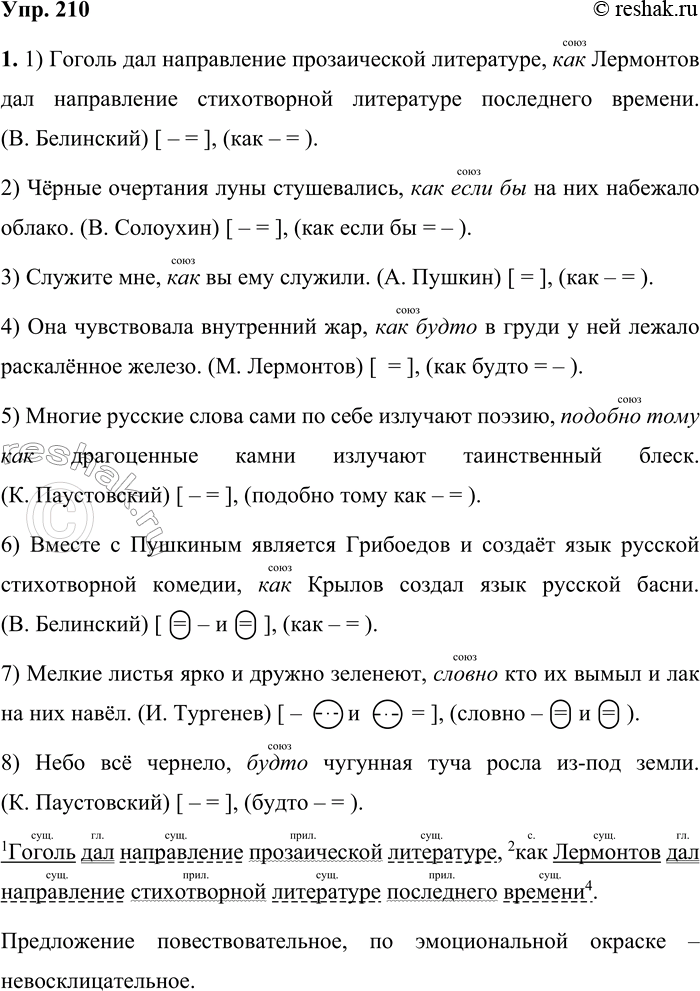 Решение задачи: 210 1 Спишите предложения, расставляя недостающие знаки препинания. С помощью схем объясните пунктограммы. Укажите, чем присоединяется придаточная часть к главной. 1) Гоголь дал направление прозаической литературе как Лермонтов дал направление стихотворной литературе последнего времени.