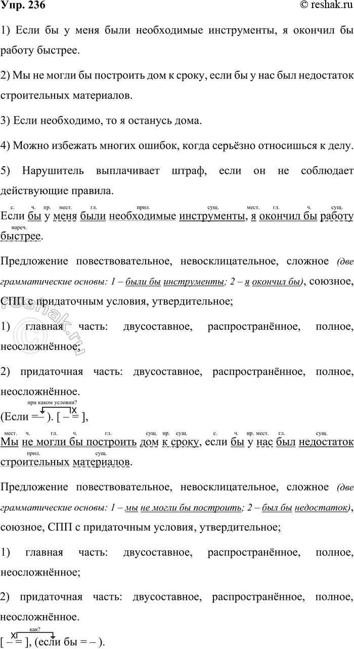 Решение задачи: 236 Перестройте простые предложения в сложноподчинённые с придаточным условия и запишите их. Выполните синтаксический разбор первых двух получившихся предложений. 1) При наличии необходимых инструментов я окончил бы работу быстрее.